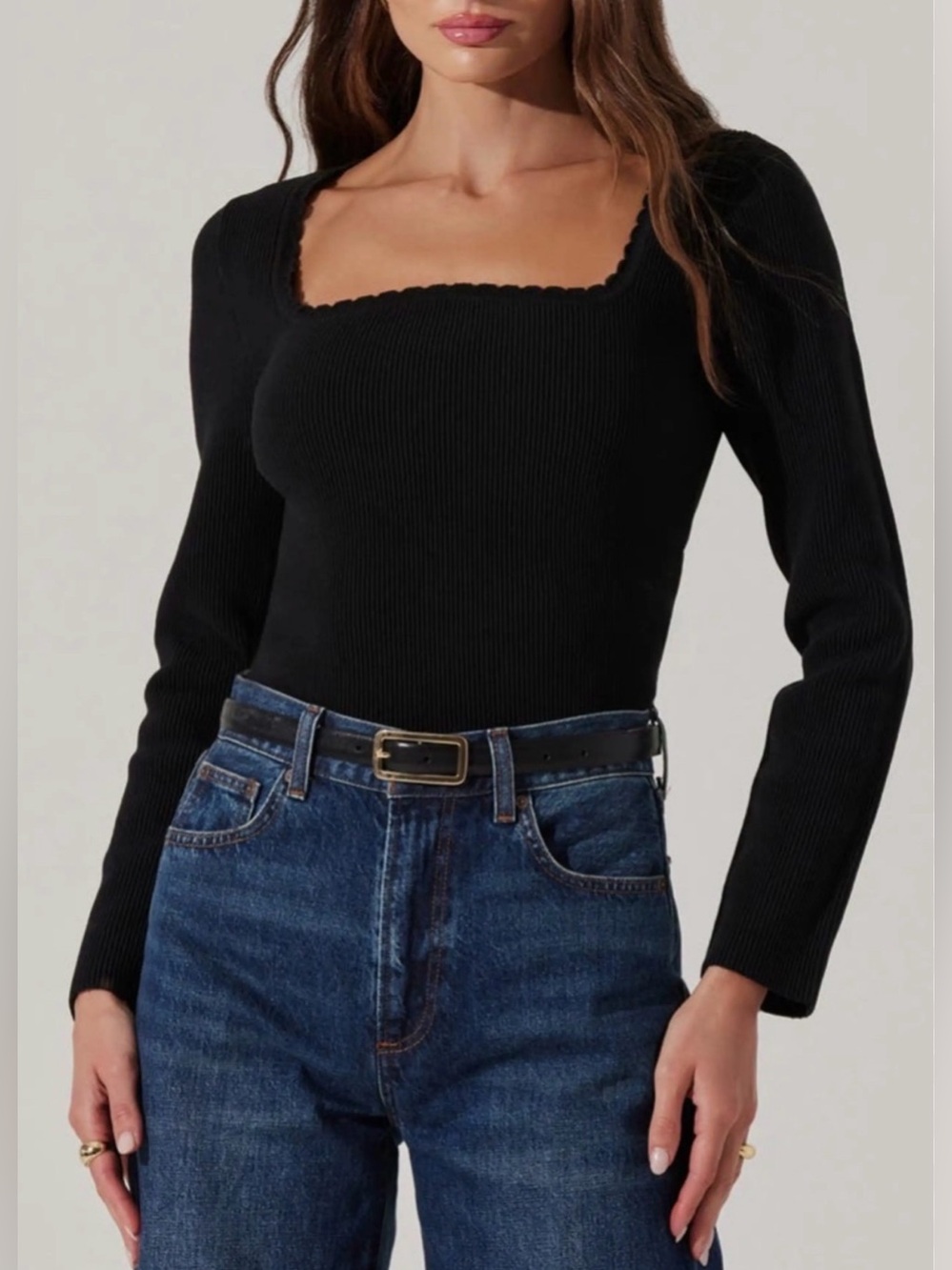 NWT ASTR The Label Scallop Trim Rib Long Sleeve Top Size Small